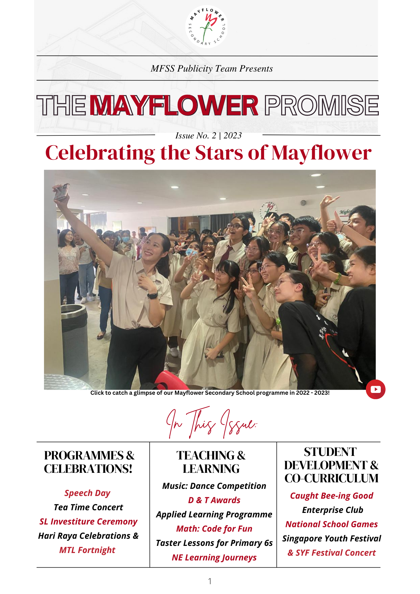 Cover of The Mayflower Promise Issue 2 2023 newsletter, showing a group selfie of smiling students in school uniforms.